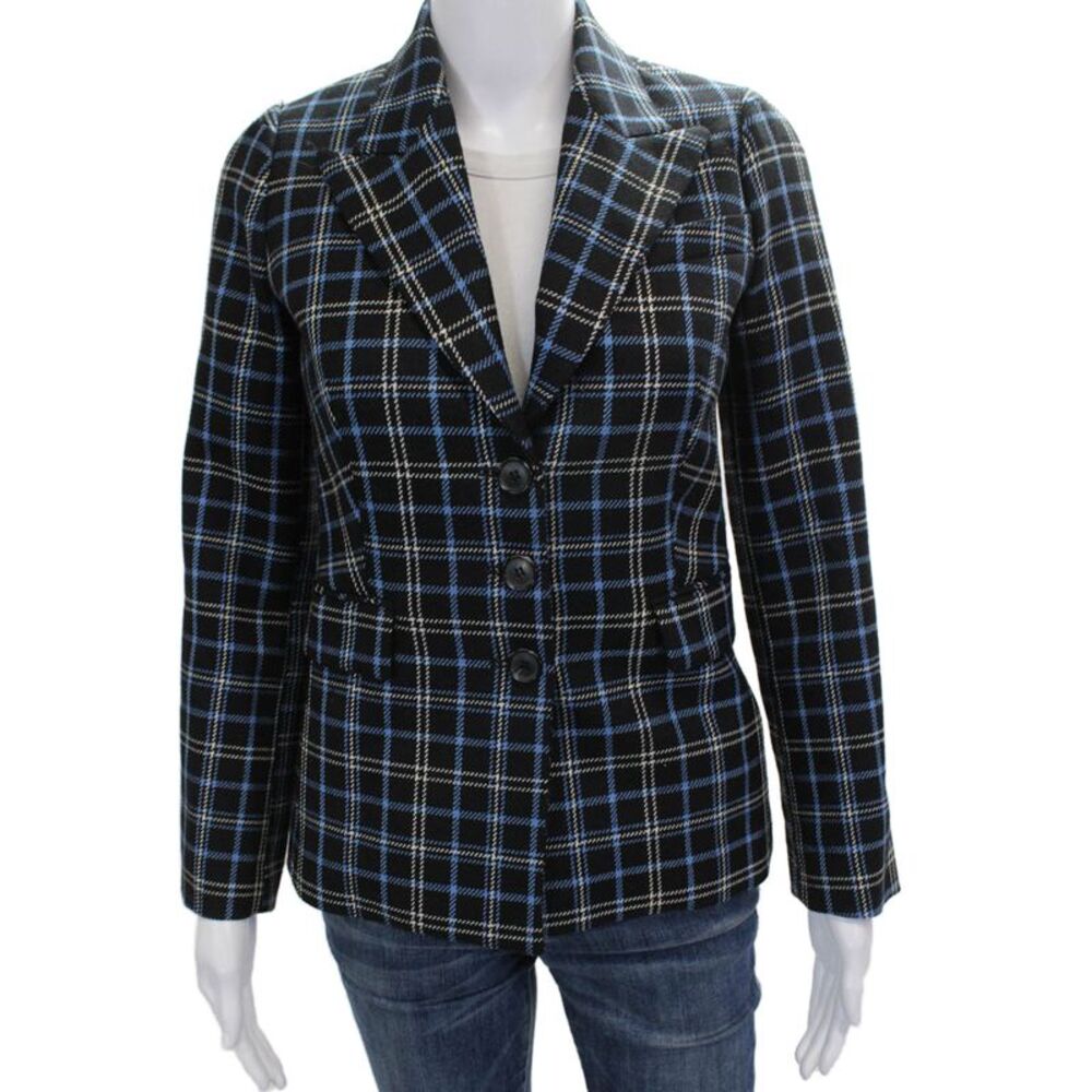 Michael Kors Collection Women Wool Plaid Blazer Black Button Long Sleeve Size 0
